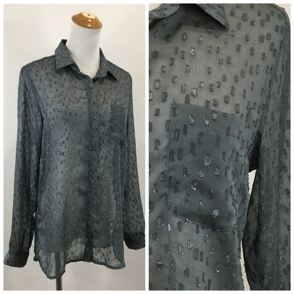 STEVEN ALAN Gray'ish Green Textured Glittery Sheer Long Sleeve Button Shirt